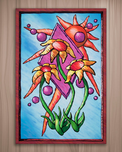 A framed abstract floral artwork hanging on a light wood wall. The painting features stylized flowers with orange petals, purple centers, green stems, and a large purple diamond shape against a light blue background.