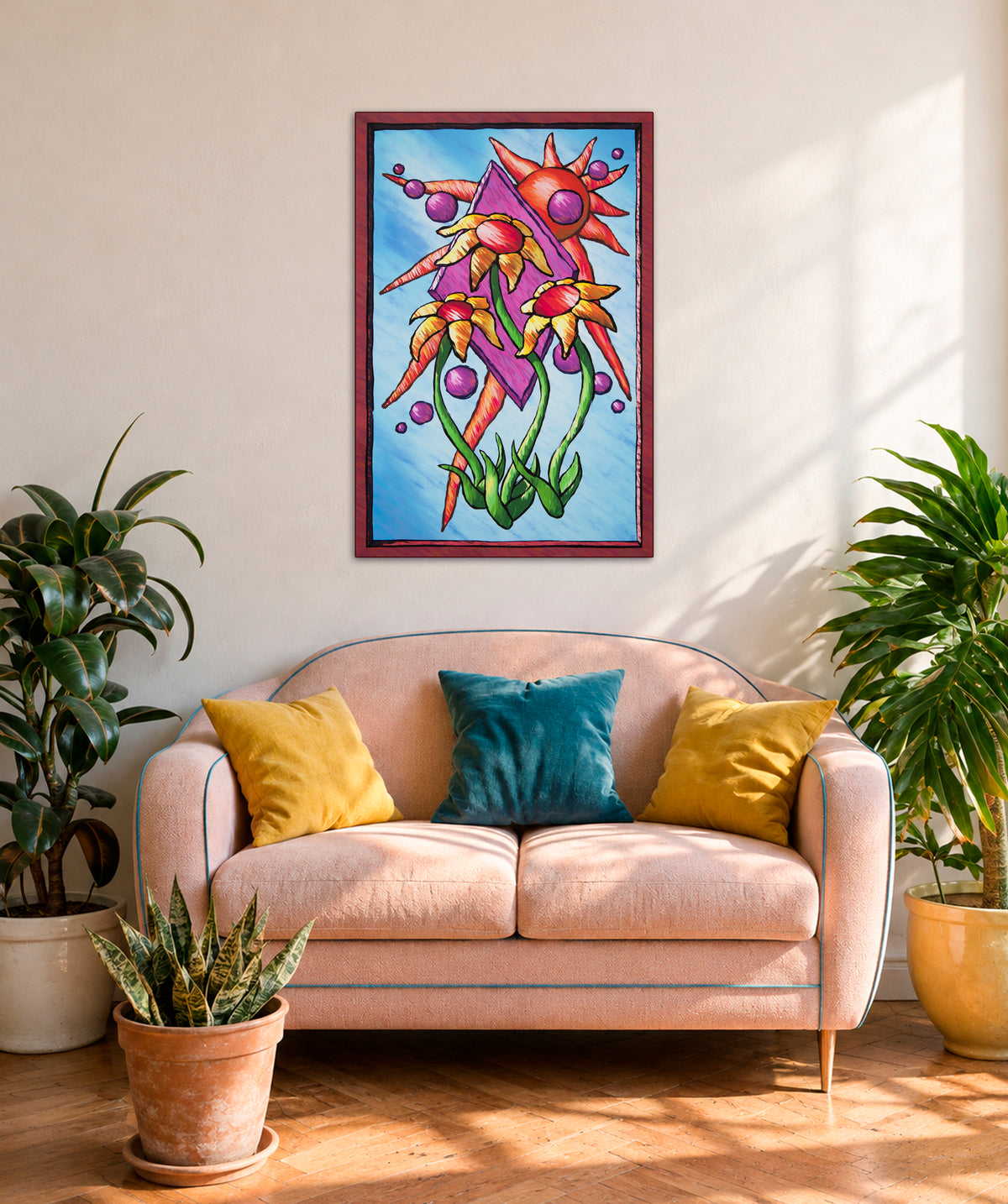 Three Flowers art print above a pale pink loveseat with yellow and teal cushions, surrounded by potted plants.