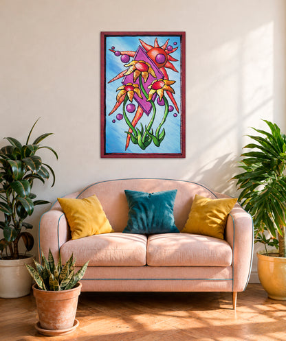 Three Flowers art print above a pale pink loveseat with yellow and teal cushions, surrounded by potted plants.