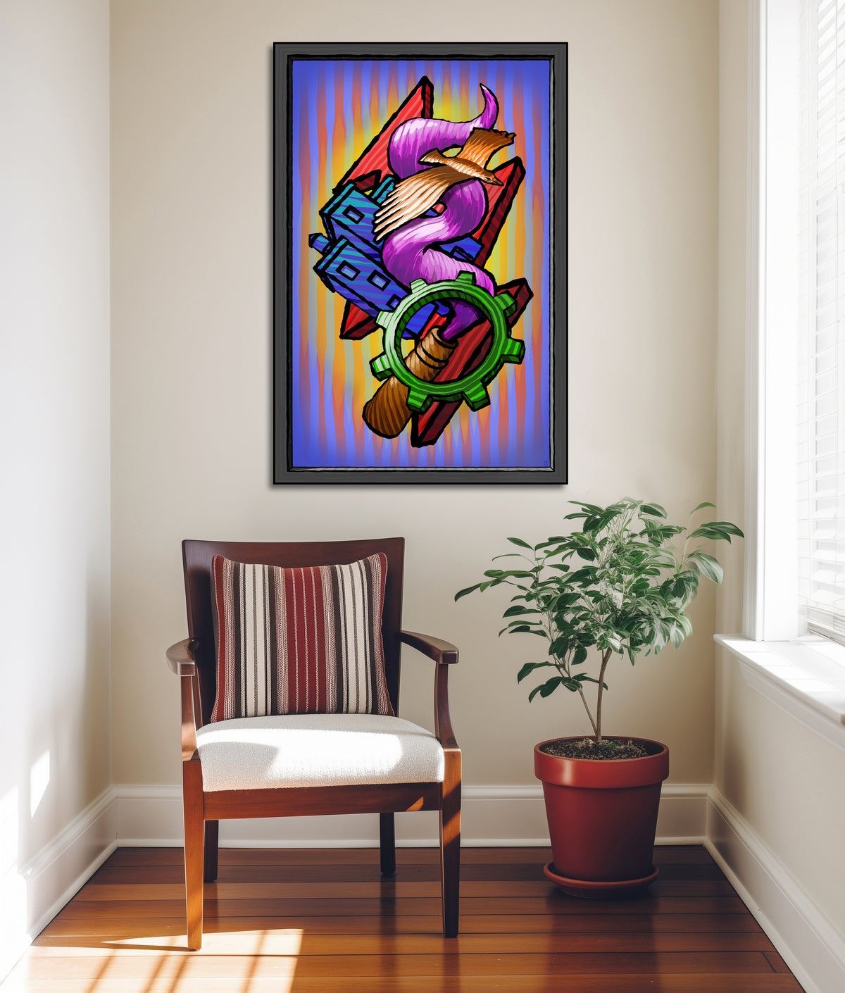 A framed colorful art print featuring a stylized purple cow with a hat and goggles, displayed on a beige wall in a room setting above a wooden chair and next to a potted plant.