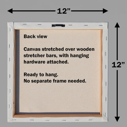 Back view of a 12x12 inch canvas print showing the stretched canvas, wooden stretcher bars, and hanging hardware against a gray background with black dimension arrows and text.