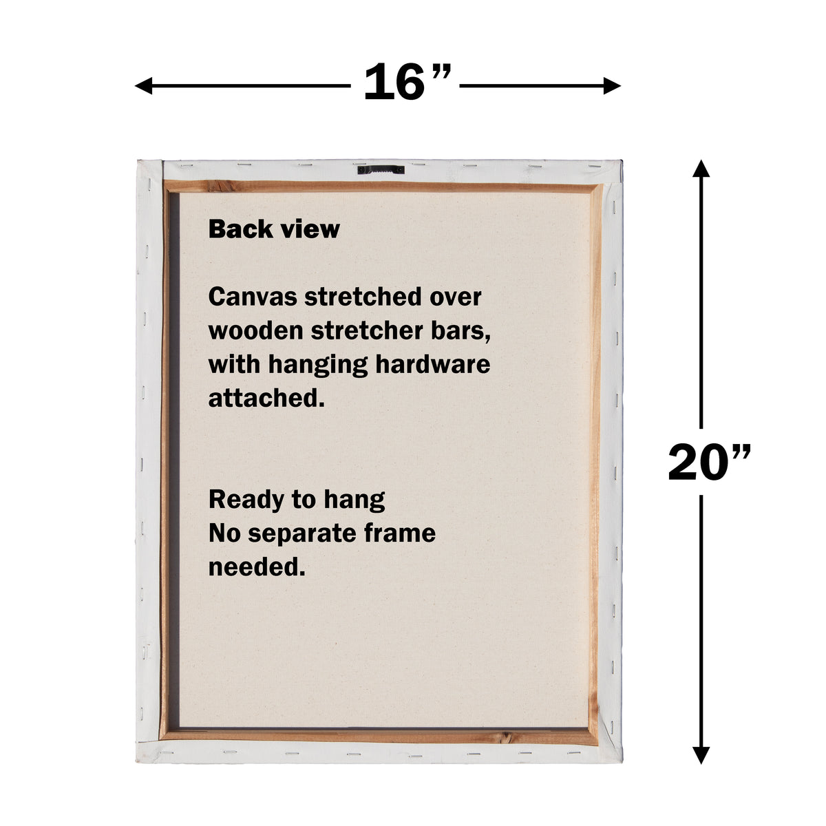 Back of a 16 by 20 inch canvas stretched over wooden bars with hanging hardware, ready to hang without a separate frame.