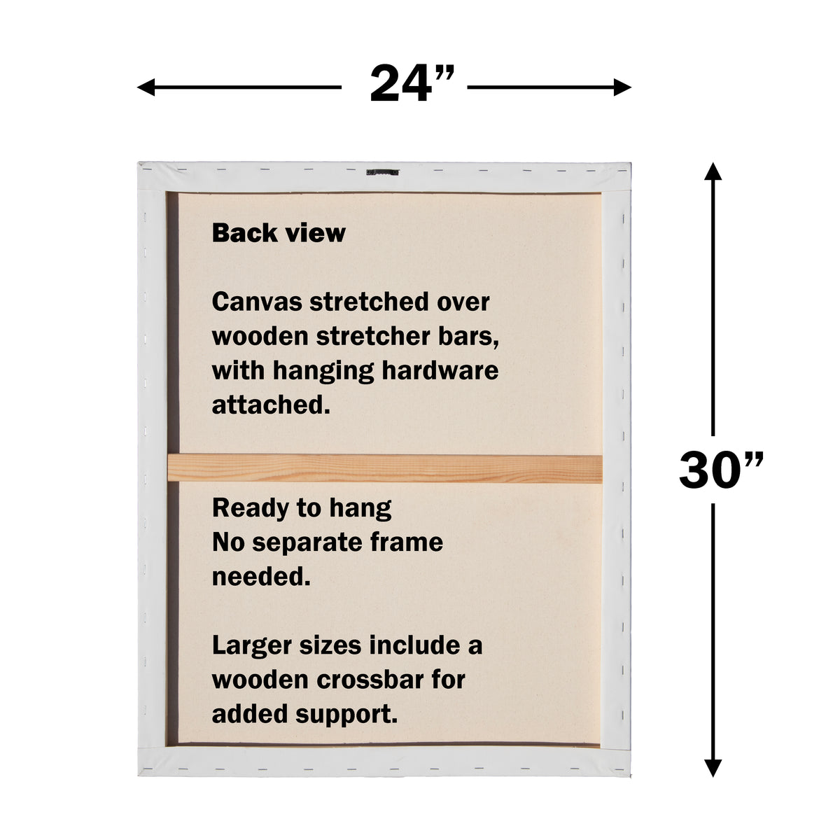 Back view dimension diagram of a canvas stretched over wooden stretcher bars, showing a 24 by 30 inch size with text describing installation details.