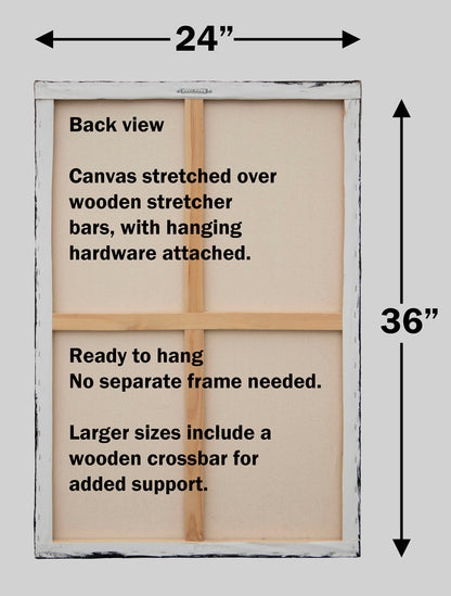 Back of a 24 by 36 inch stretched canvas with wooden crossbars and hanging hardware; no separate frame needed.
