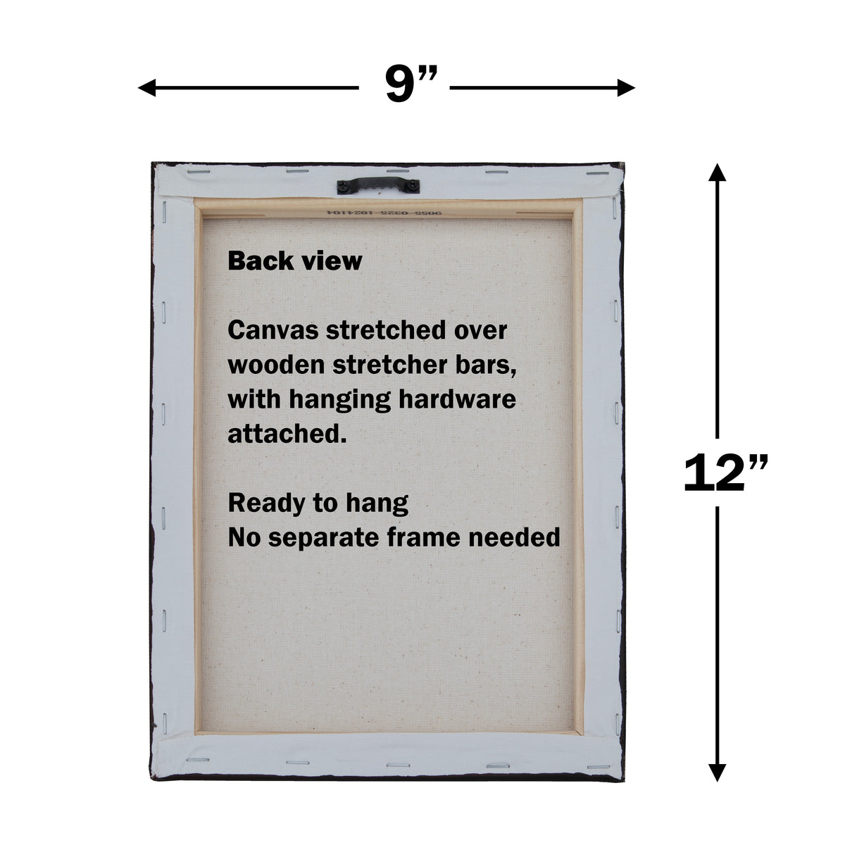 Back view of a 12 by 9 inch canvas print on a wooden stretcher bar with hanging hardware, showing dimensions and text on a white background.