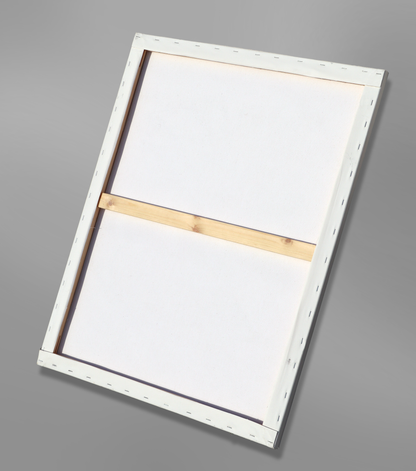 Angled rear view of a large stretched canvas print, showing its depth and wooden stretcher construction.