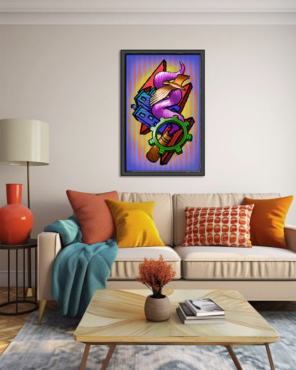A framed colorful pop-art print of a stylized beetle hanging on a light beige wall above a modern beige sofa in a living room setting.