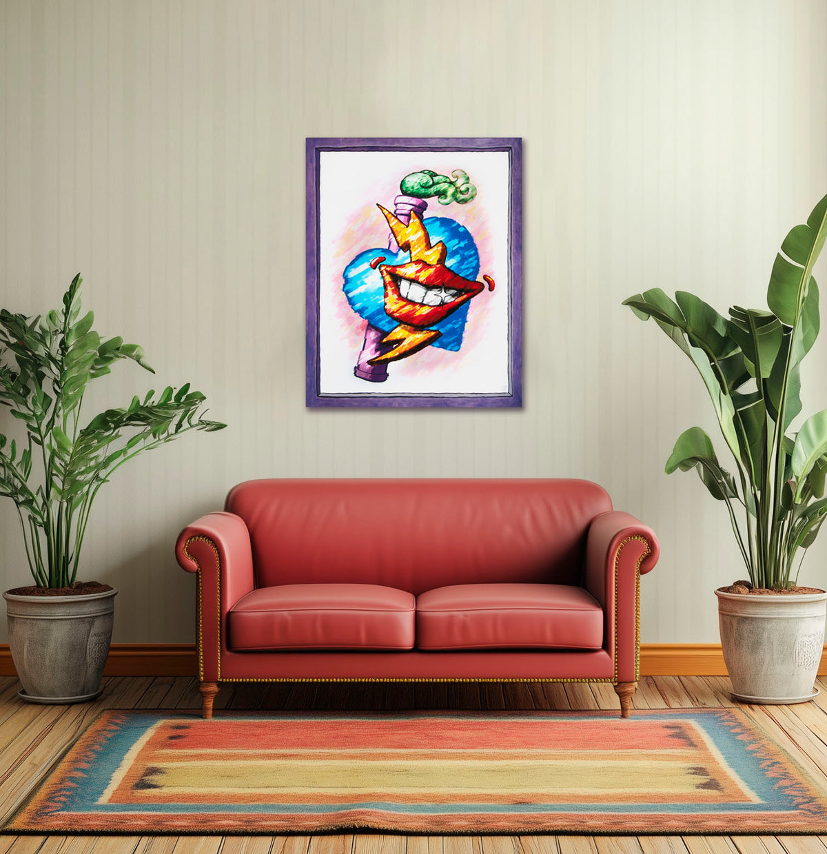 A colorful art canvas print featuring a cartoon-style smiling mouth with a blue heart, orange lightning bolt and purple chimney with green smoke, displayed on a beige wall above a red leather sofa in a styled living room with potted plants and a patterned rug.