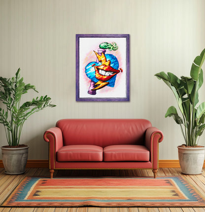 A colorful art canvas print featuring a cartoon-style smiling mouth with a blue heart, orange lightning bolt and purple chimney with green smoke, displayed on a beige wall above a red leather sofa in a styled living room with potted plants and a patterned rug.