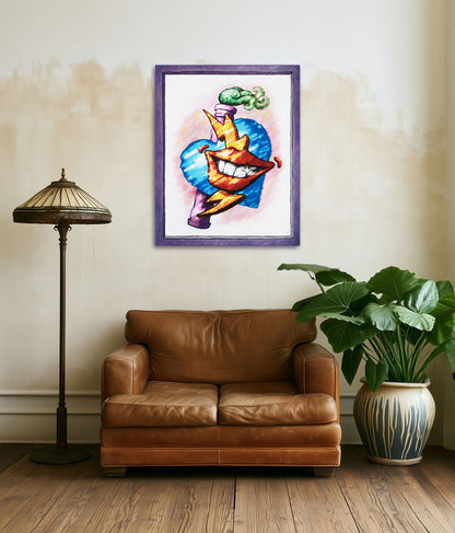 A colorful art canvas print  featuring a cartoon-style smiling mouth with a blue heart, orange lightning bolt and purple chimney with green smoke, displayed on a beige wall above a brown leather sofa in a living room setting with a floor lamp and potted plant.