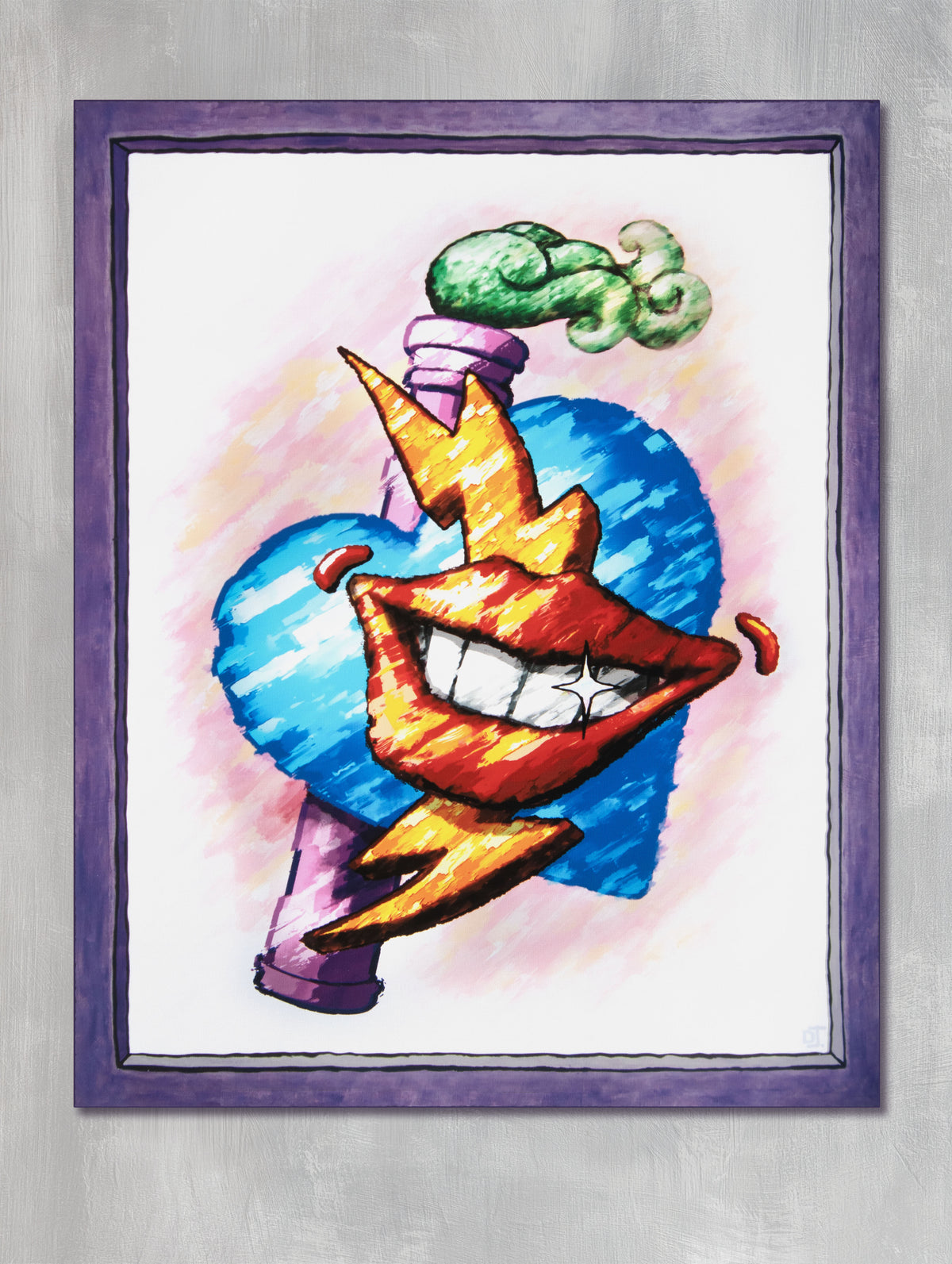 A colorful art canvas print featuring a stylized tattoo-style design with a blue heart, red lips, yellow lightning bolt, and a purple chimney with green smoke on a white background, set against a textured gray wall.