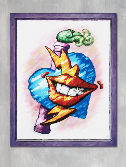 A colorful art canvas print featuring a stylized tattoo-style design with a blue heart, red lips, yellow lightning bolt, and a purple chimney with green smoke on a white background, set against a textured gray wall.