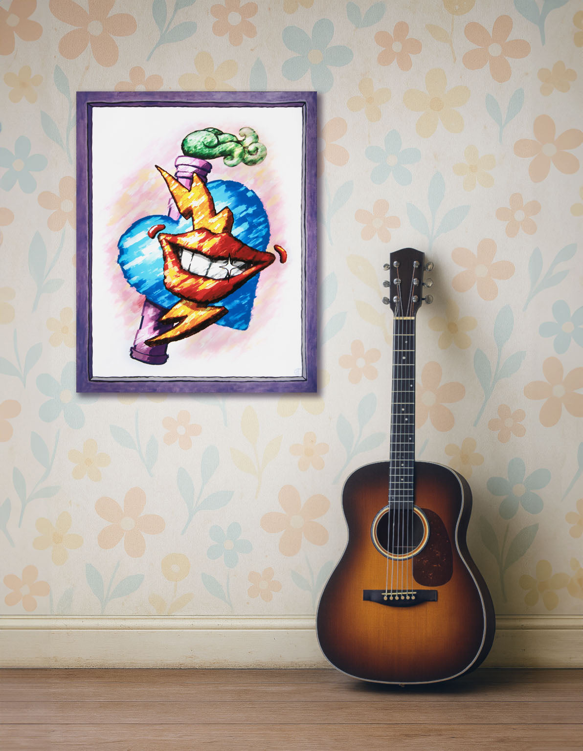 A colorful art canvas print featuring a cartoon-style smiling mouth with a blue heart, orange lightning bolt and purple chimney with green smoke hanging on a floral wallpaper wall next to an acoustic guitar.