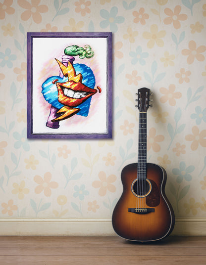 A colorful art canvas print featuring a cartoon-style smiling mouth with a blue heart, orange lightning bolt and purple chimney with green smoke hanging on a floral wallpaper wall next to an acoustic guitar.