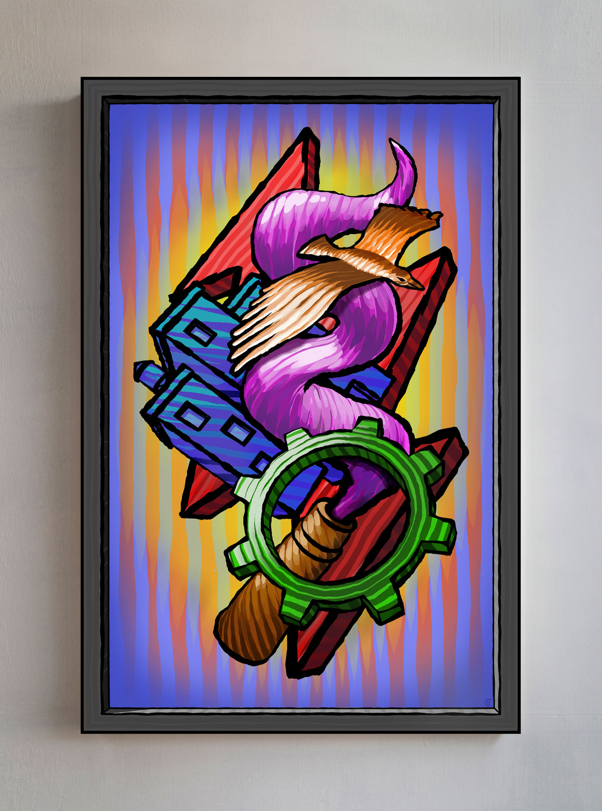 A framed abstract art print featuring stylized purple smoke wrapped around a green gear, with blue houses and red lightning on a yellow-to-purple striped background, hung on a light gray wall.