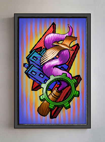 A framed abstract art print featuring stylized purple smoke wrapped around a green gear, with blue houses and red lightning on a yellow-to-purple striped background, hung on a light gray wall.