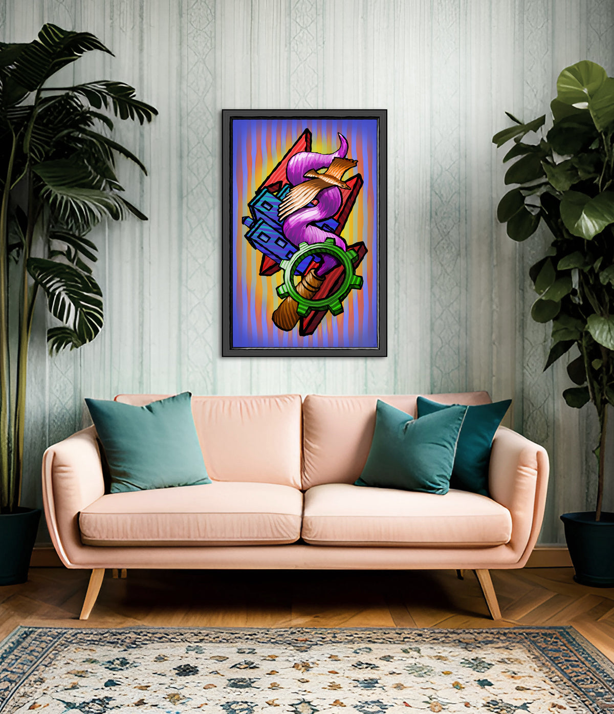 A colorful framed abstract art print hangs on a light gray paneled wall above a blush pink sofa with teal pillows, flanked by two large green potted plants and a patterned rug.