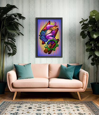 A colorful framed abstract art print hangs on a light gray paneled wall above a blush pink sofa with teal pillows, flanked by two large green potted plants and a patterned rug.