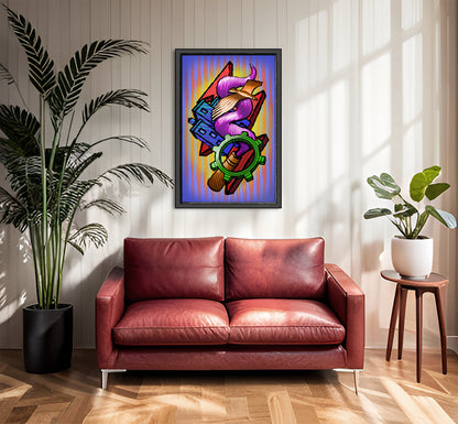 A framed colorful pop-art print featuring a stylized pink and purple figure with blue and green elements, hanging on a white paneled wall above a red leather sofa in a sunlit living room with plants.