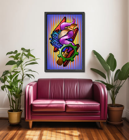 A framed colorful art print featuring a stylized purple and pink figure with geometric shapes, hanging on a beige wall above a magenta leather sofa, flanked by two potted green plants.