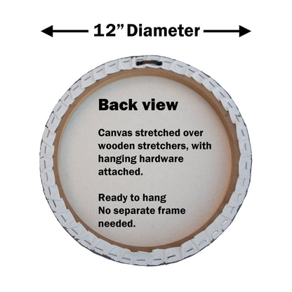 Back of the 12-inch round canvas print showing the wooden support and hanging hardware