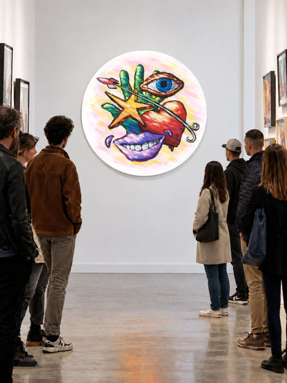 People viewing Hand Eye Heart Mouth Star, a colorful round artwork, in a gallery setting