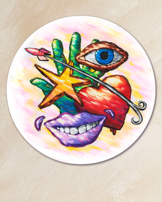Hand Eye Heart Mouth Star by Daniel Jay, colorful round artwork featuring a green hand, blue eye, red heart, purple mouth and yellow star.