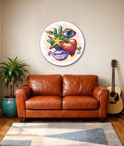 Hand Eye Heart Mouth Star round canvas print displayed above a brown leather sofa beside a guitar
