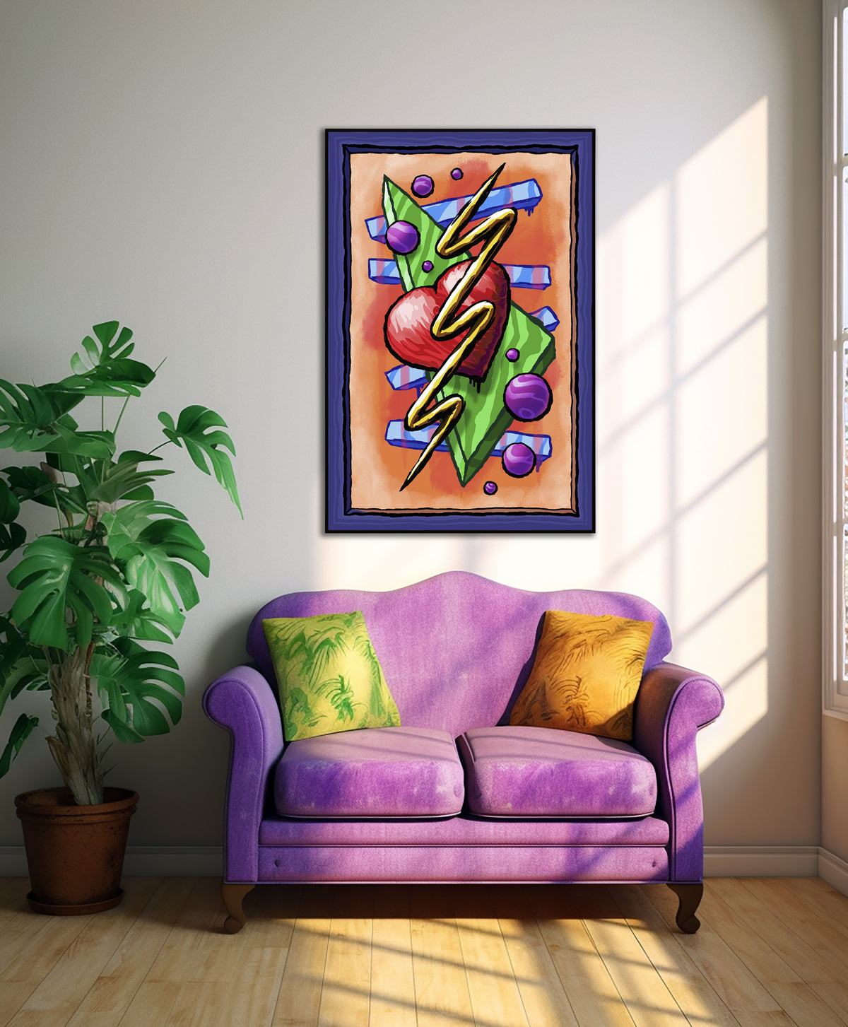 Zigzag Triangle Heart Dots art print above a purple loveseat with pillows and a potted plant.