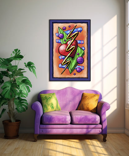 Zigzag Triangle Heart Dots art print above a purple loveseat with pillows and a potted plant.