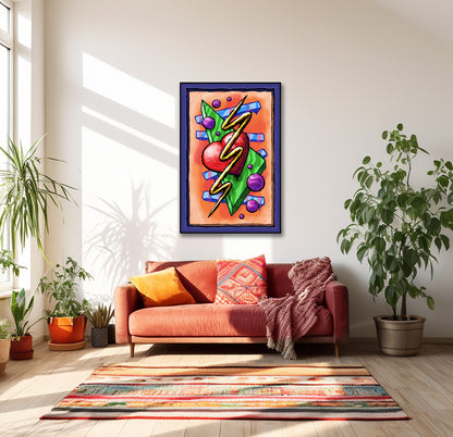 Zigzag Triangle Heart Dots art print above a coral sofa with colorful cushions and a textured throw, surrounded by plants.