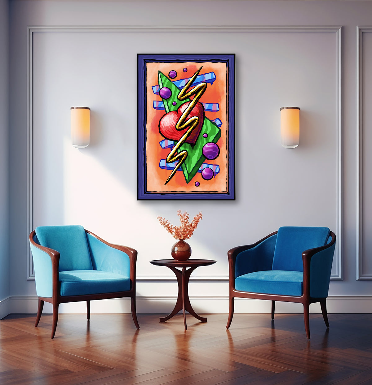 Zigzag Triangle Heart Dots art print above two blue armchairs and a small table with flowers, between matching wall lights.
