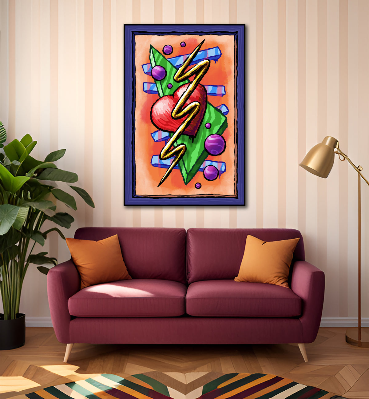 Zigzag Triangle Heart Dots art print above a burgundy sofa with orange cushions beside a brass floor lamp and leafy plant.