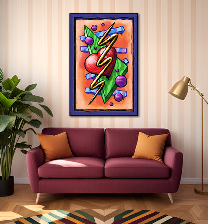 Zigzag Triangle Heart Dots art print above a burgundy sofa with orange cushions beside a brass floor lamp and leafy plant.