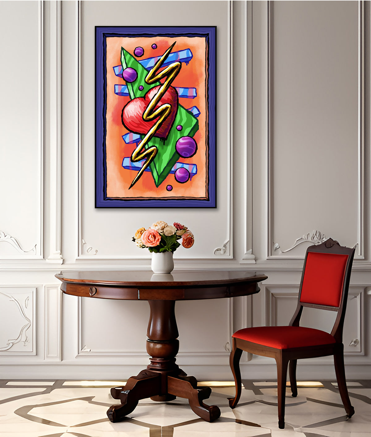 Zigzag Triangle Heart Dots art print above a round wooden table with flowers beside a red upholstered chair.