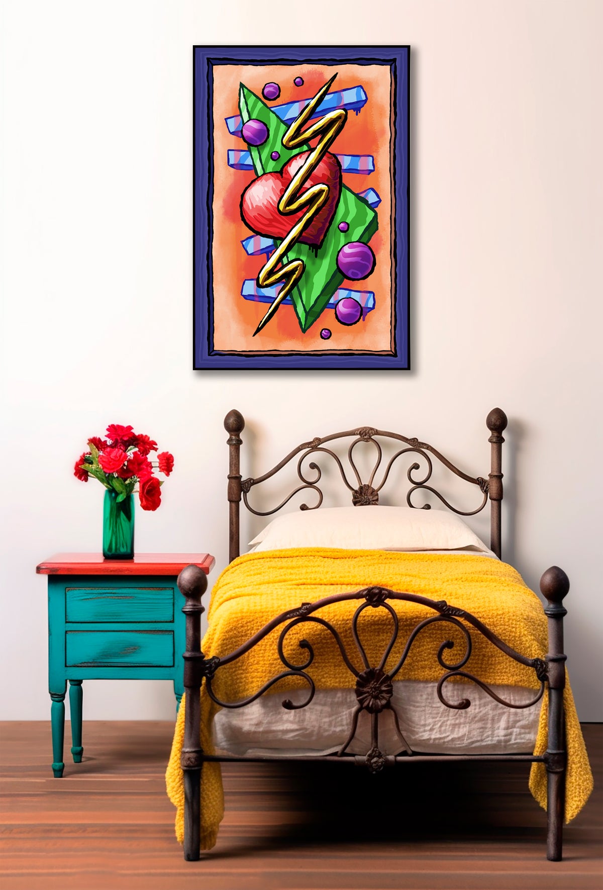 Zigzag Triangle Heart Dots art print above an ornate metal bed with a yellow blanket beside a teal nightstand with red flowers.
