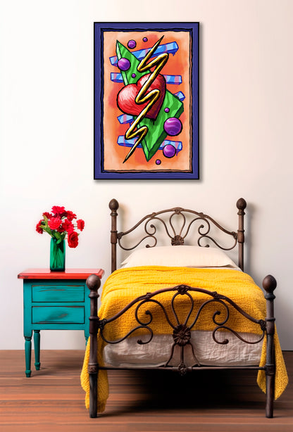 Zigzag Triangle Heart Dots art print above an ornate metal bed with a yellow blanket beside a teal nightstand with red flowers.
