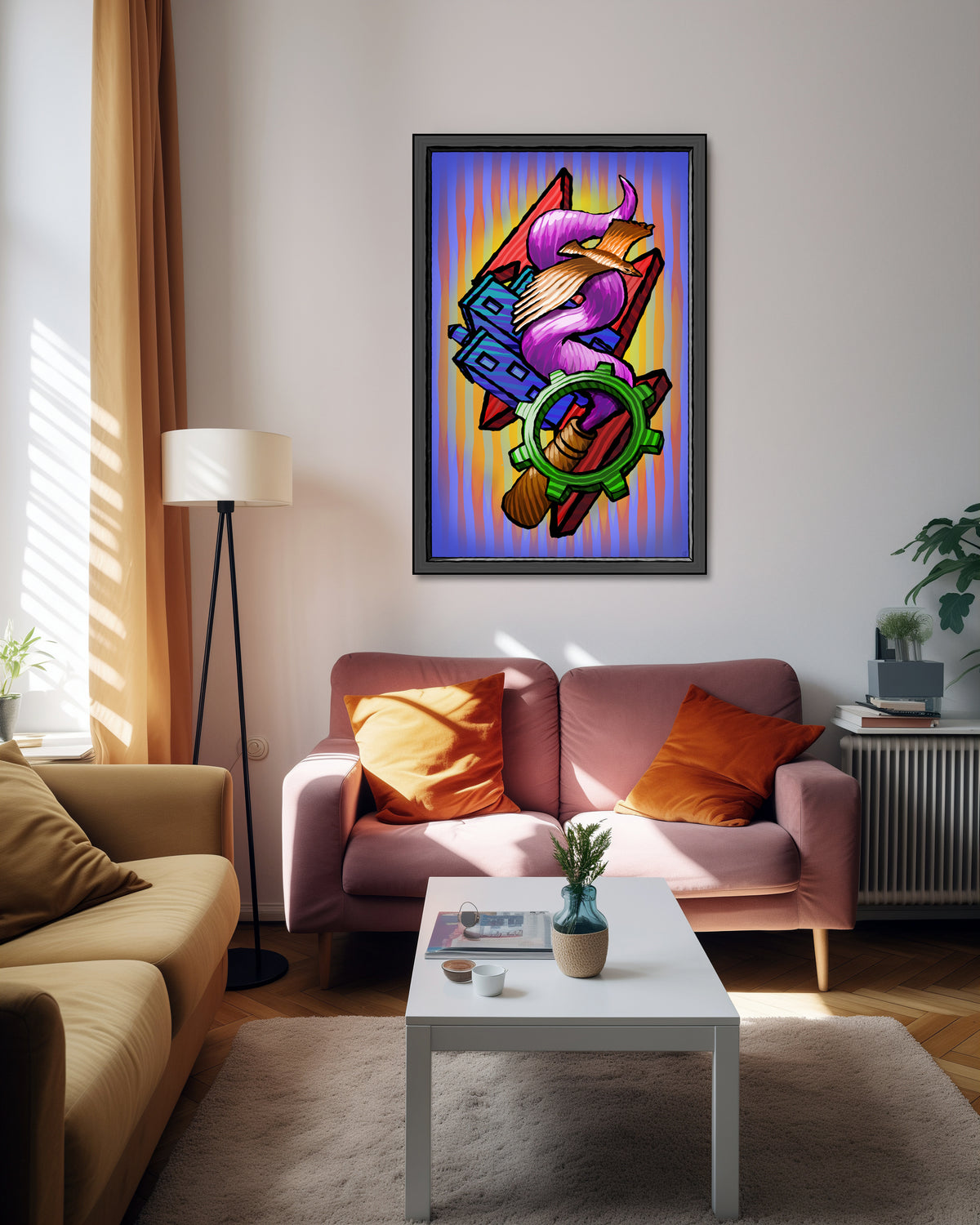 A colorful framed art print featuring a stylized purple and pink character with a green helmet, displayed on a light gray wall above a pink sofa in a modern living room setting.