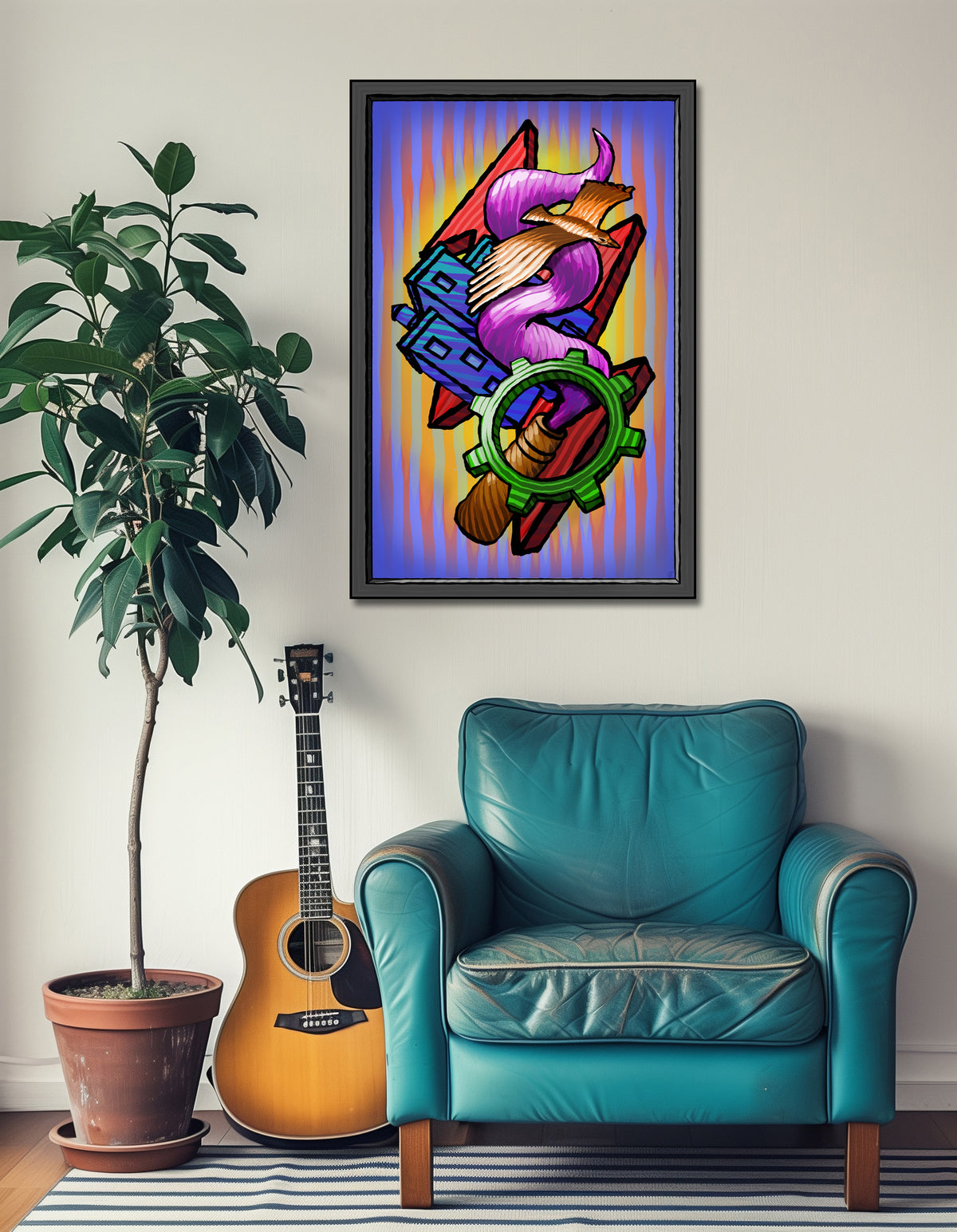 A framed colorful pop-art style wall print hangs above a teal armchair in a styled room, with a potted plant and an acoustic guitar on the left.