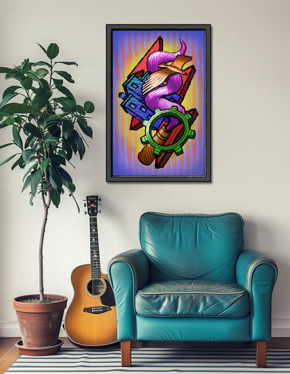 A framed colorful pop-art style wall print hangs above a teal armchair in a styled room, with a potted plant and an acoustic guitar on the left.