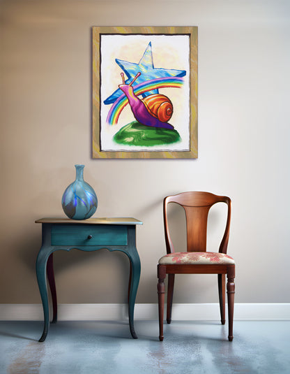Star Snail art print displayed above a wooden chair and a blue side table with a decorative blue vase