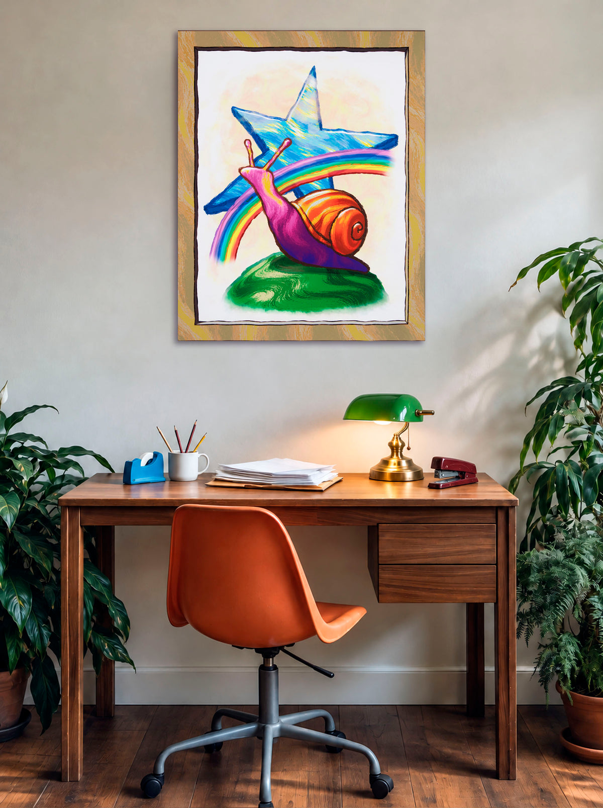 Star Snail canvas print above a wooden desk with a green banker’s lamp, orange chair and houseplants