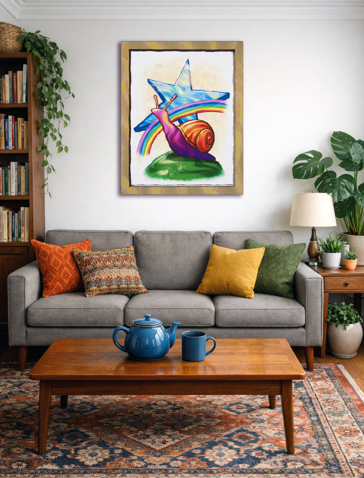 Star Snail canvas wall art above a gray sofa with colorful cushions, surrounded by books and plants