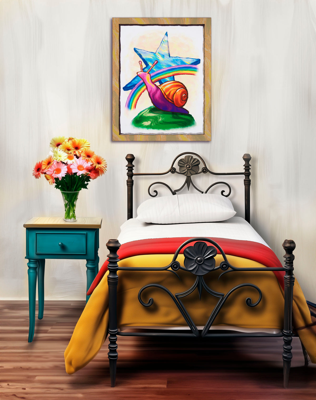 Star Snail colorful wall art above an ornate metal bed beside a turquoise nightstand and flowers