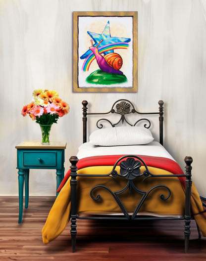Star Snail colorful wall art above an ornate metal bed beside a turquoise nightstand and flowers