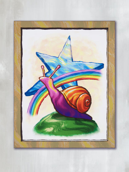 Star Snail canvas art print by Daniel Jay featuring a purple snail with an orange shell, a rainbow and a large blue star