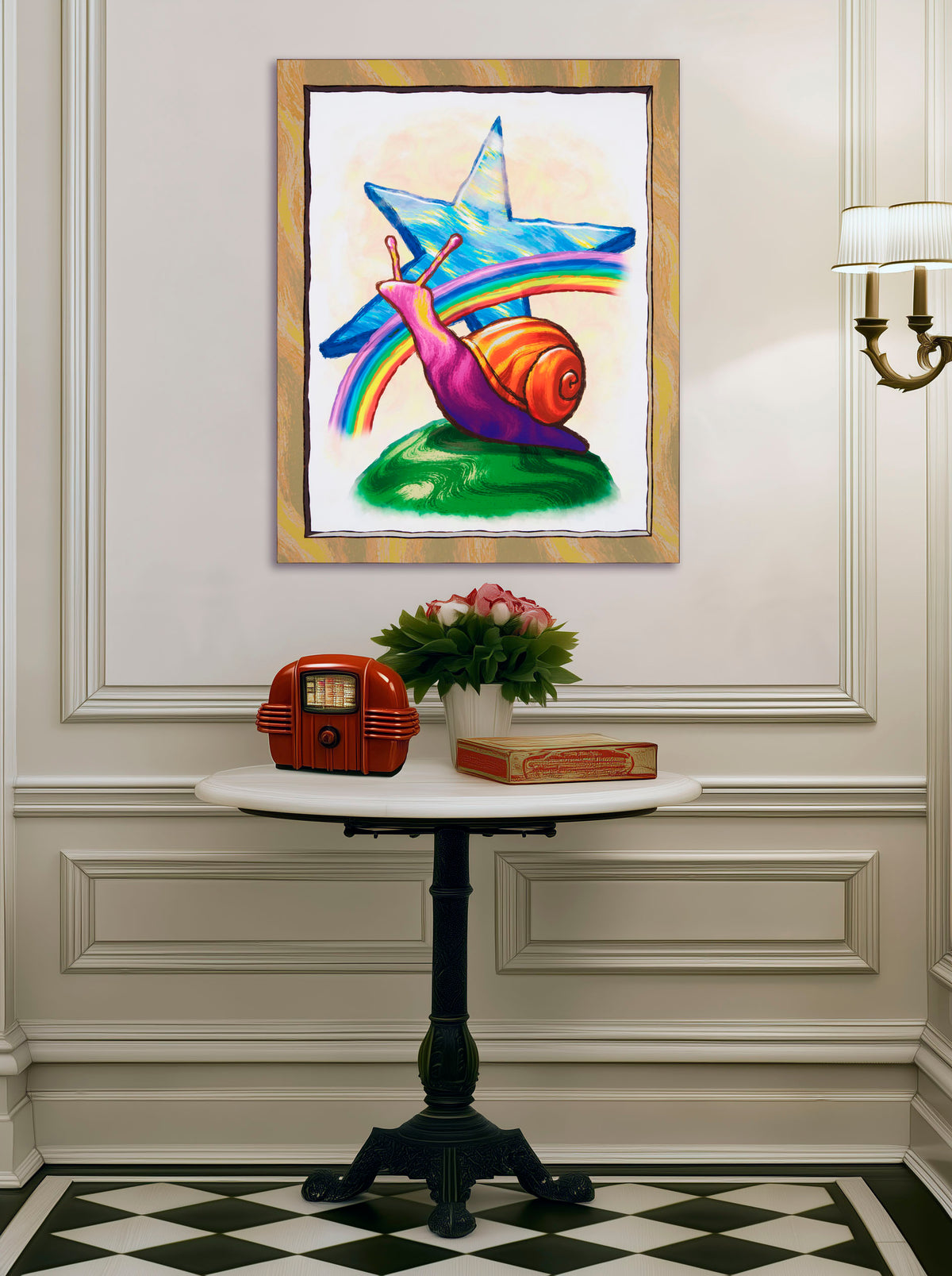 Star Snail colorful art print above a round pedestal table with a vintage red radio and flowers