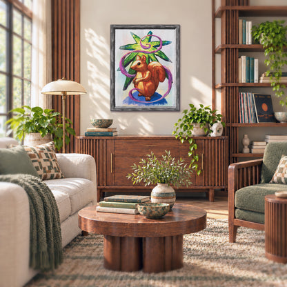 Star Squirrel canvas print displayed in a living room with plants and seating.