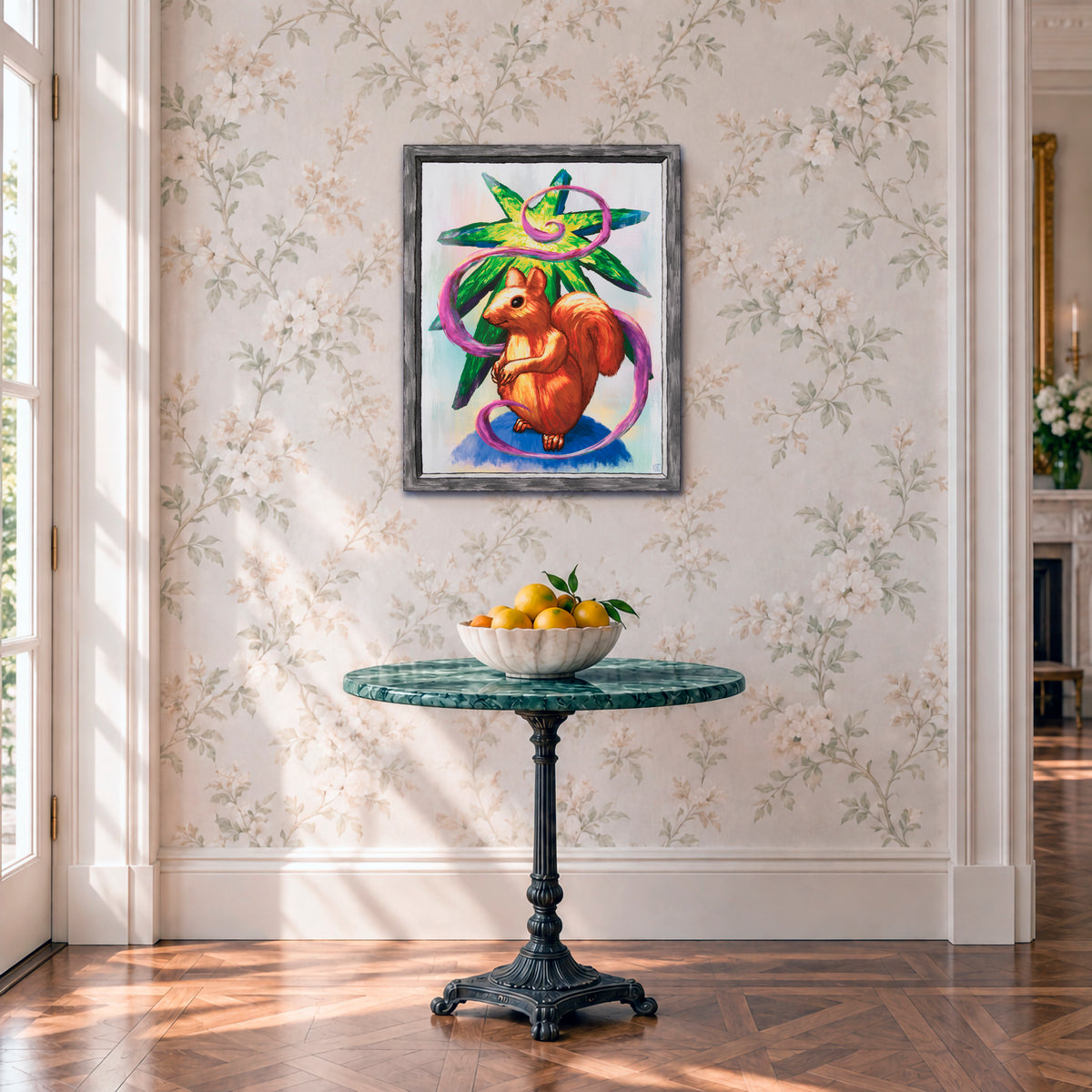 Star Squirrel canvas wall art displayed above a small table with fruit.