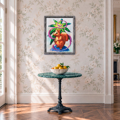Star Squirrel canvas wall art displayed above a small table with fruit.